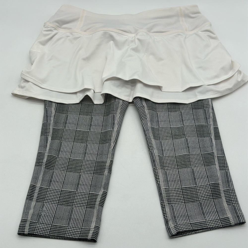Athleta White Ruffle Skirted Plaid Leggings Skapri Black White Glen Plaid Crop
